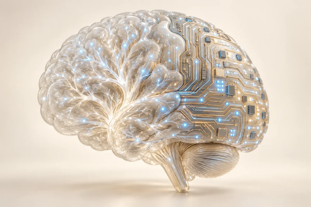 Organic human neural pathways blending into artificial intelligence circuitry